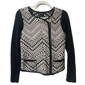 Lucky Brand Moto Jacket Aztec Tribal Print Asymmetric Zipper Black White Medium